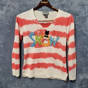 Berek‎ Women's Christmas Sweater Snowman Beaded Sequin V-Neck Knit Size S